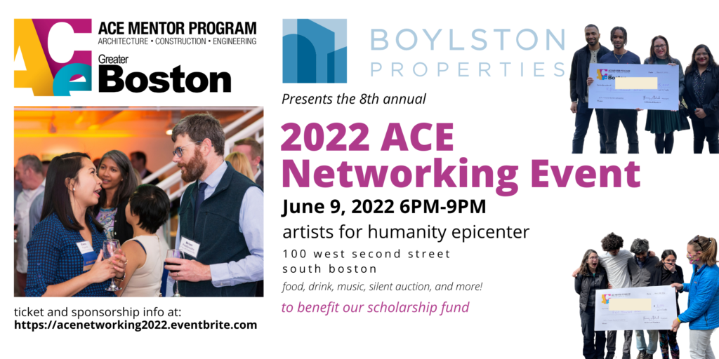 Logos for Boylston Properties and ACE Mentor Program of Greater Boston, with photos of the networking event in past years and scholarship recipients